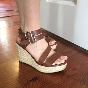 Brown leather strapped wedges